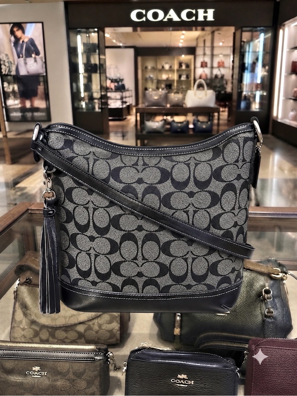 Coach vintage Black Signature 
Jacquard shoulder bag w/
Tassel EUC no call outs